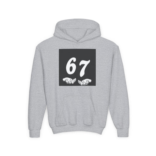 Youth Hoodie — '67' Graphic Pullover with Pointing Hands
