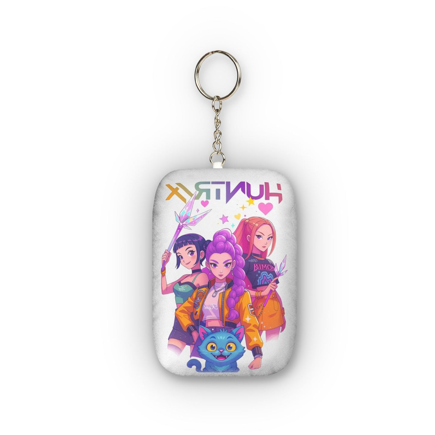 Custom Plush Keychain — Cute Anime Girl Trio with Blue Cat