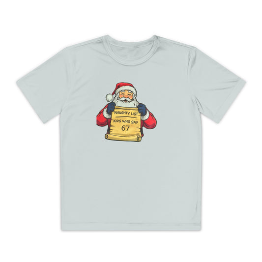 Youth Tee — Cute Santa Mugshot "Naughty List: Kids Who Say 67" Christmas Shirt