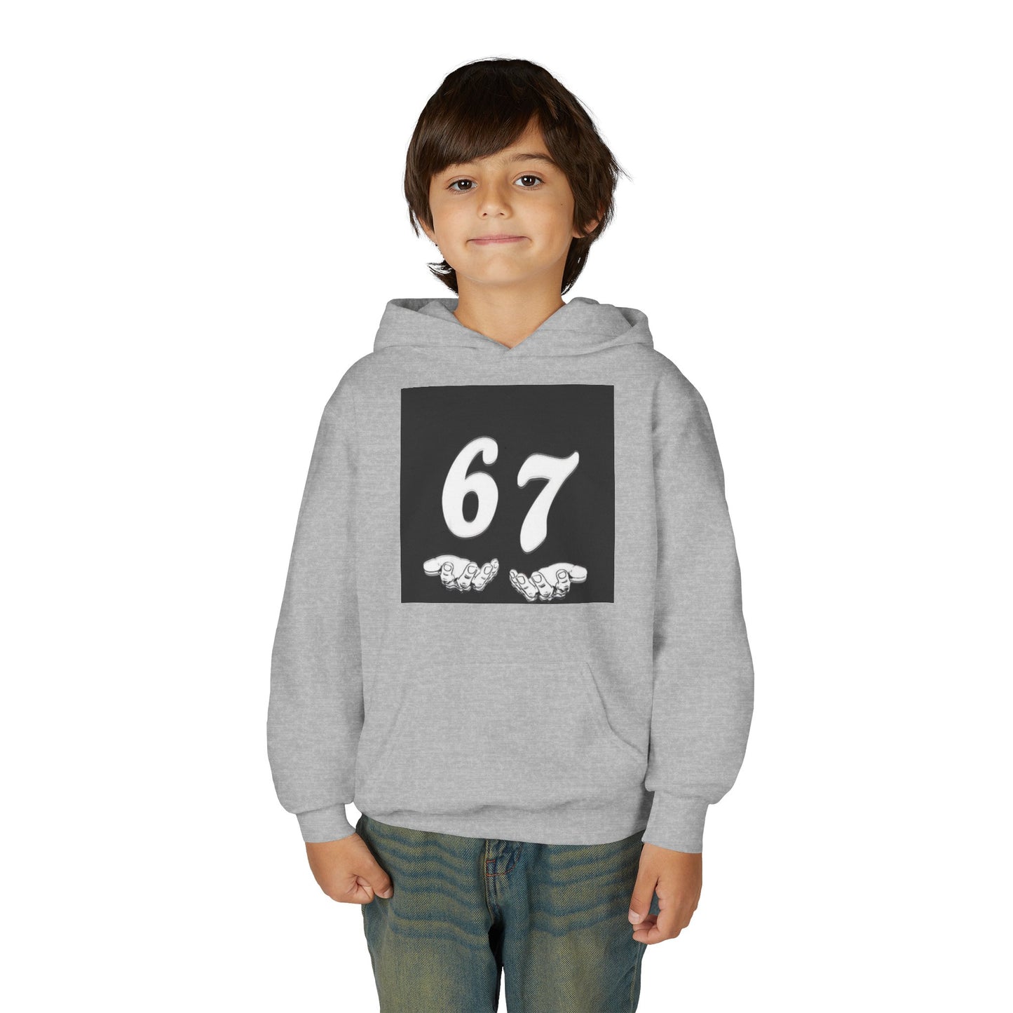 Youth Hoodie — '67' Graphic Pullover with Pointing Hands
