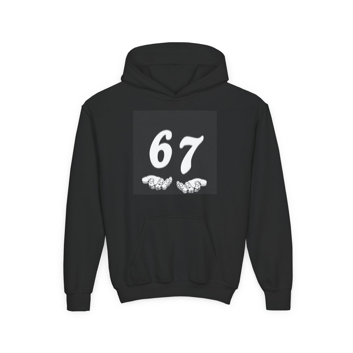 Youth Hoodie — '67' Graphic Pullover with Pointing Hands