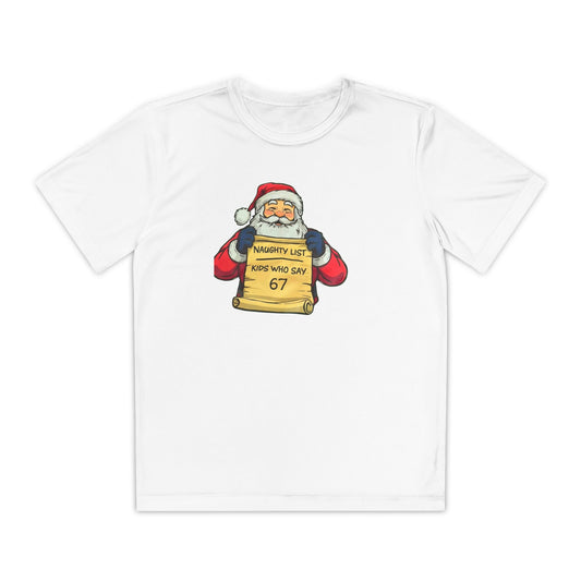 Youth Tee — Cute Santa Mugshot "Naughty List: Kids Who Say 67" Christmas Shirt