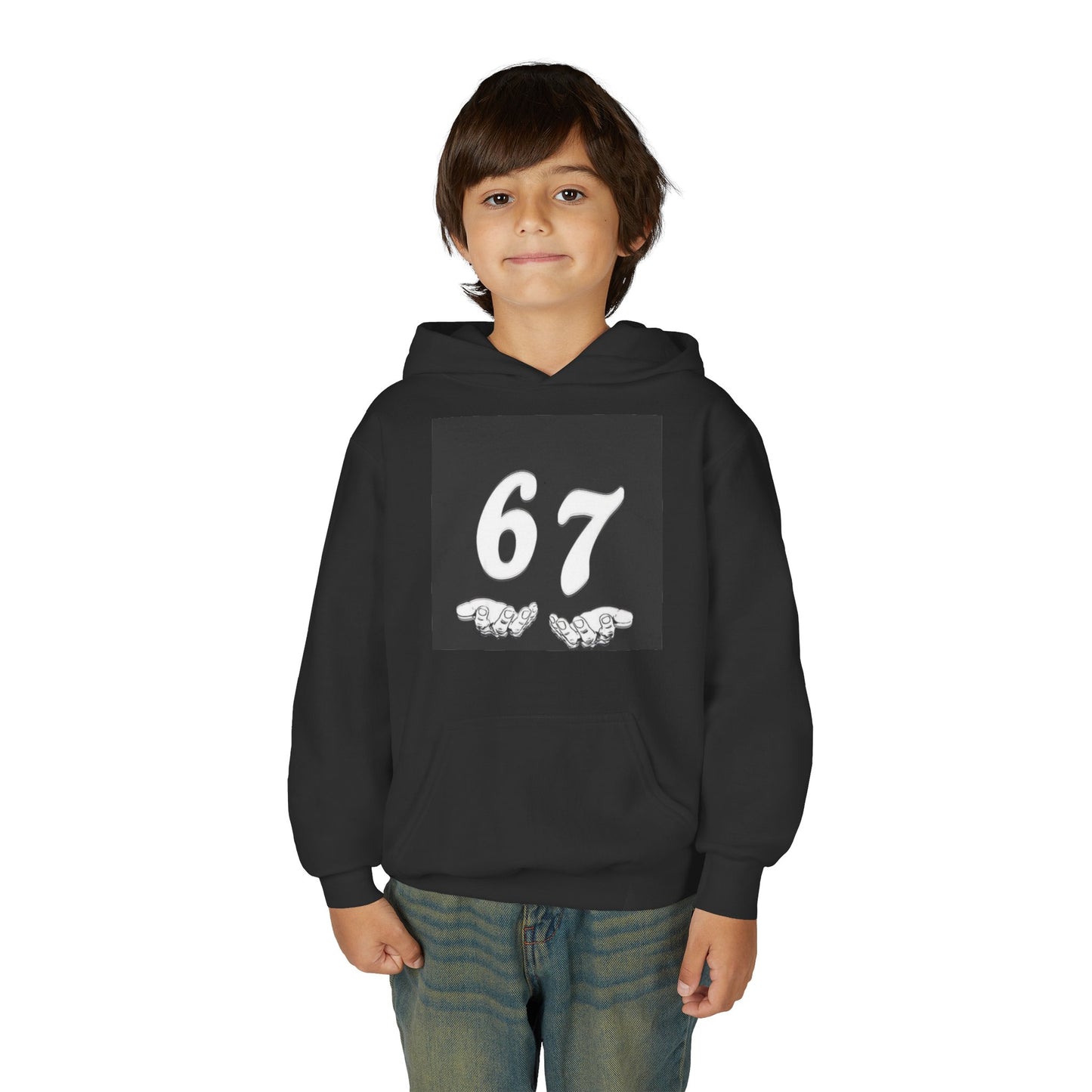 Youth Hoodie — '67' Graphic Pullover with Pointing Hands
